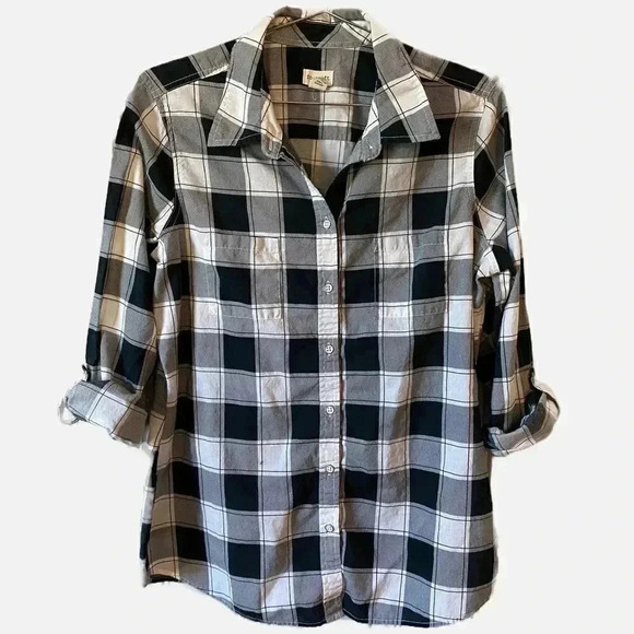 Foxcroft Size 14, 100% Cotton Button Down Roll Tab Sleeve Black & White Checked - Picture 1 of 14